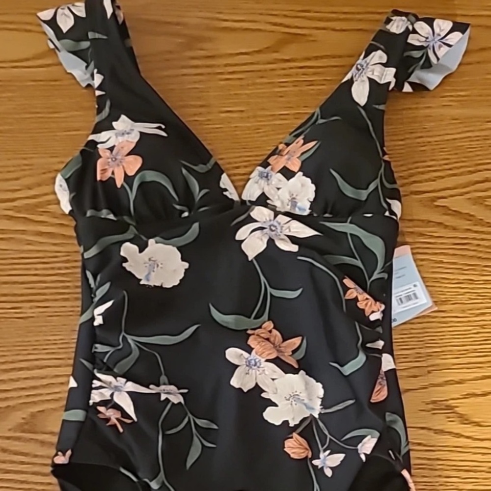 Shade and shore swim suit black with tropical floral print